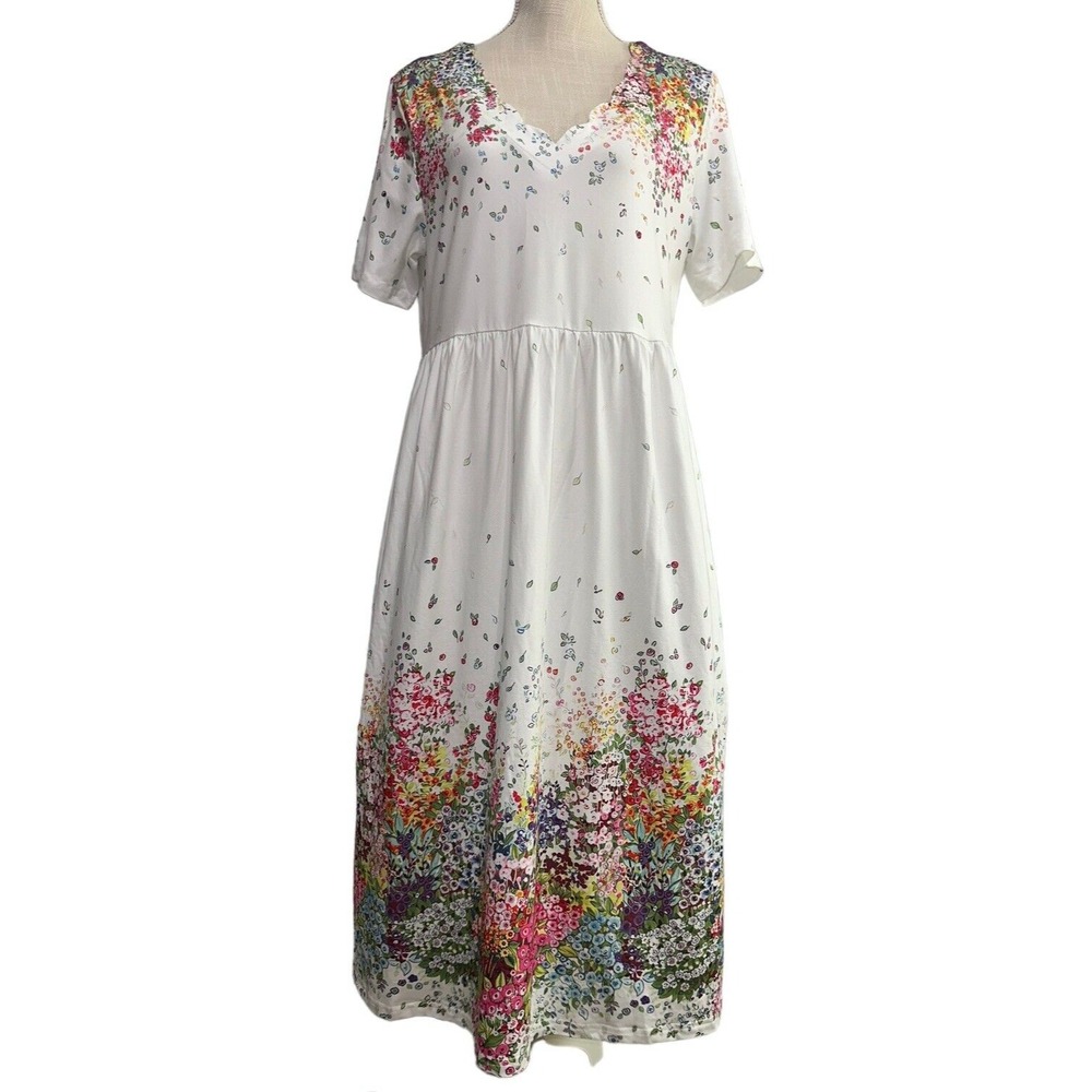 Noracora Womens Dress A-Line Midi Scallop Bodice Short Sleeve White Sz M Floral